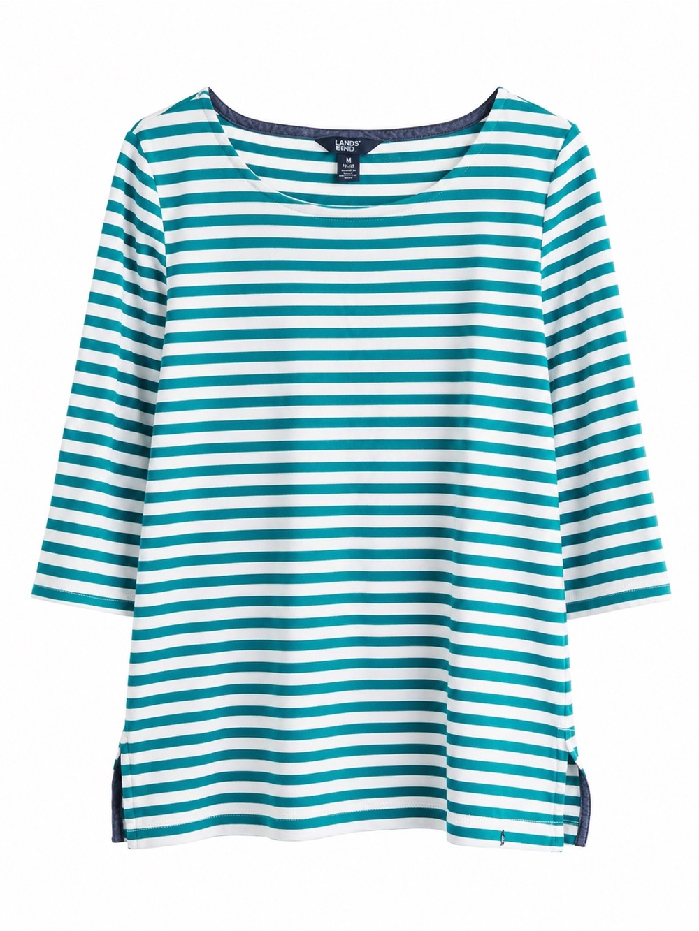 Lands' End Women’s Striped Pima Cotton Tunic Top Teal White Boatneck 3/4 Sleeves
